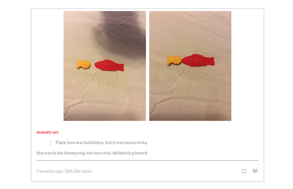 After sharing a photo on their Tumblr account of a goldfish cracker kissing a red swedish fish they say: This was in the Denny's tag. Not sure why. Definitely pleased.